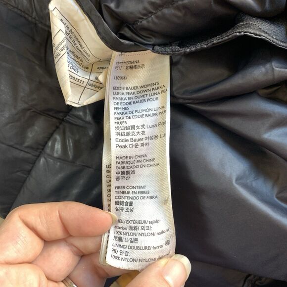 Eddie Bauer Luna Peak Down Parka Jacket Women M Black Hooded Goose Duvet EB550 - Picture 14 of 14